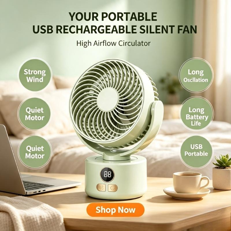 Outdoor Camping Fan - USB Rechargeable Silent Fan with Oscillation